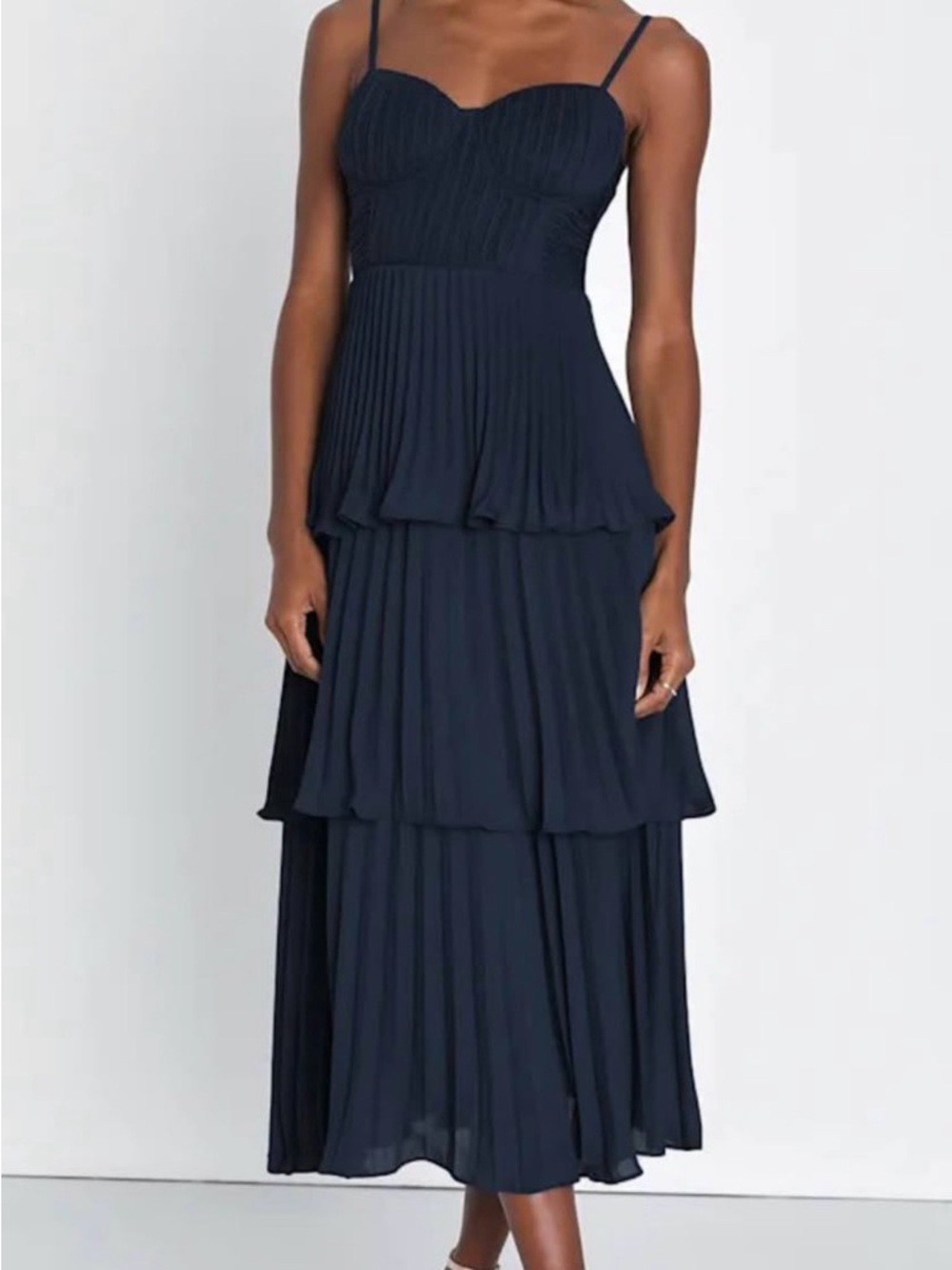Lulu's Navy Tiered Spaghetti-Strap Midi Dress